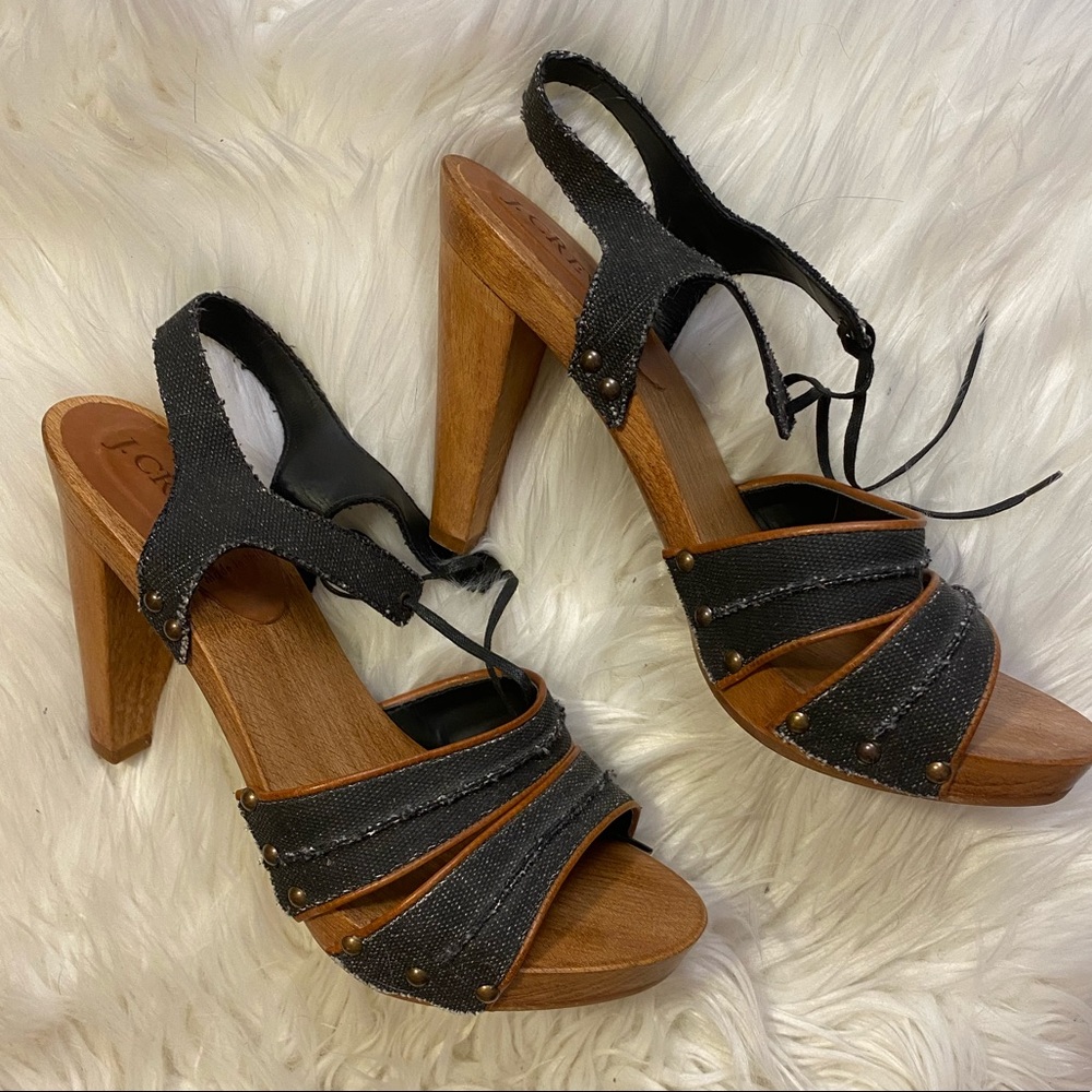 J.Crew Heels - wood with denim and leather trim